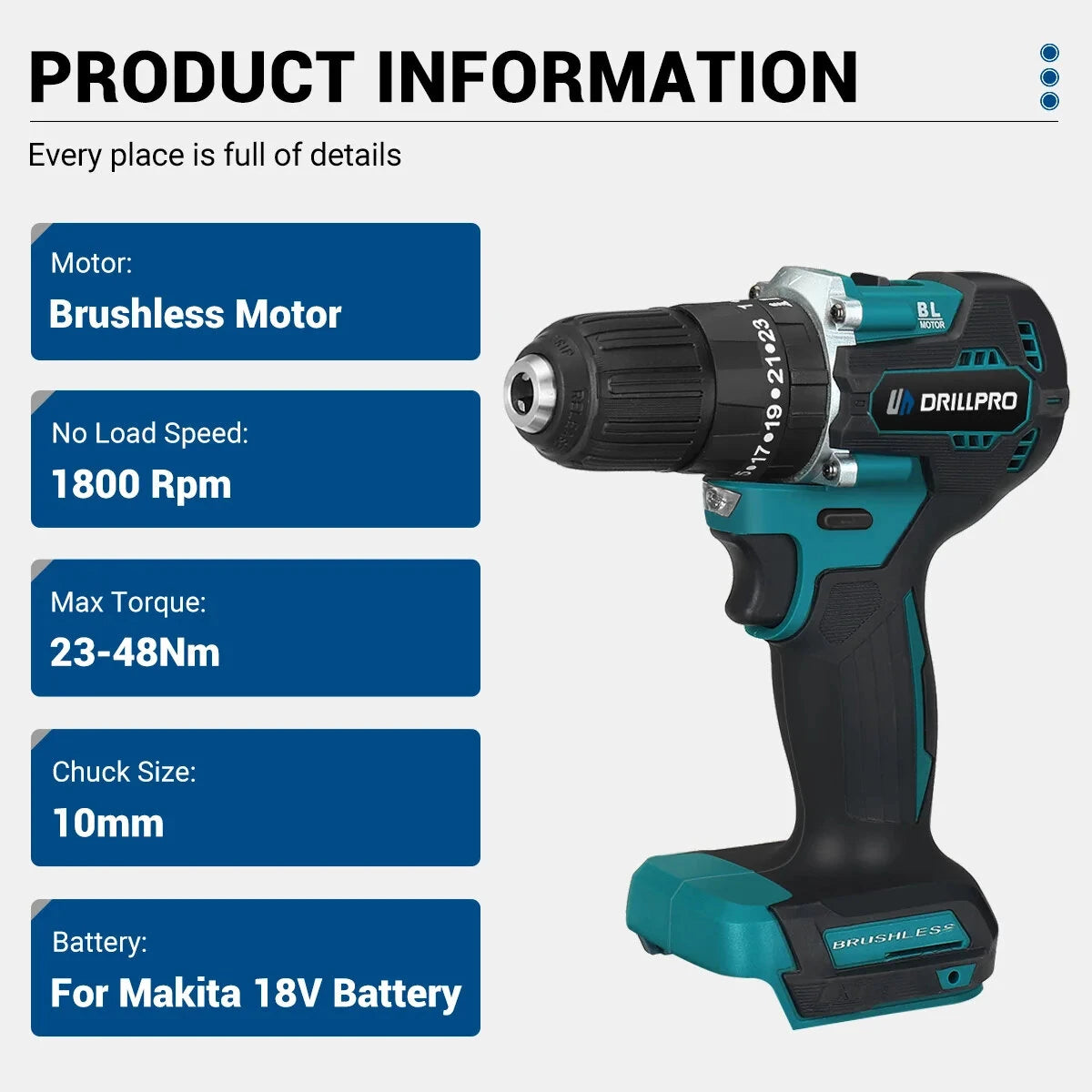 Kit combinato di strumenti multifunzionali Drillpro con chiave elettrica da 800N.m, smerigliatrice angolare da 125 mm, trapano elettrico ad alta velocità e martello rotativo a quattro funzioni