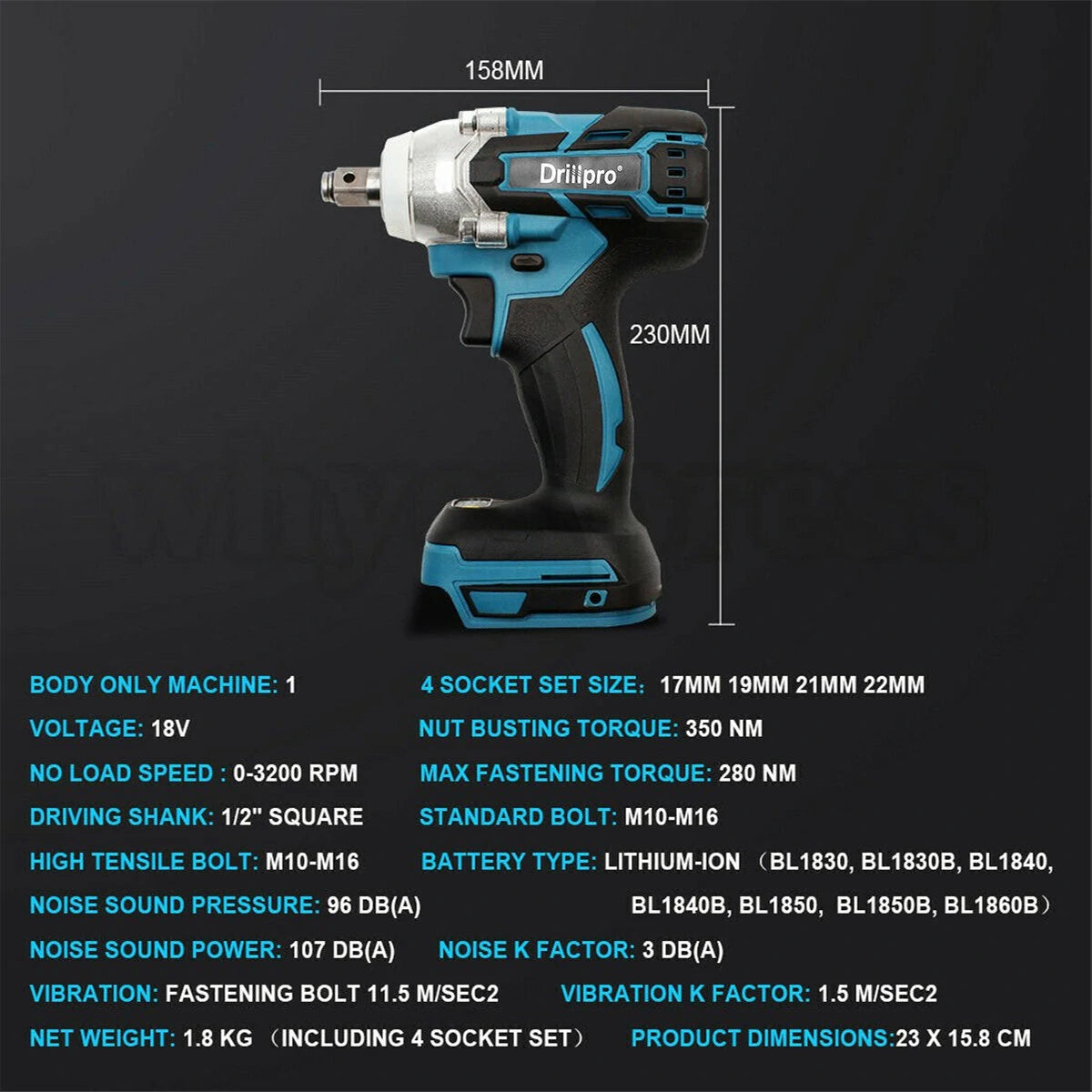 Clé à chocs sans fil Drillpro 18V 0-3200 tr/min avec moteur sans balais et lumière LED, clé électrique adaptée pour Makita DTW285Z