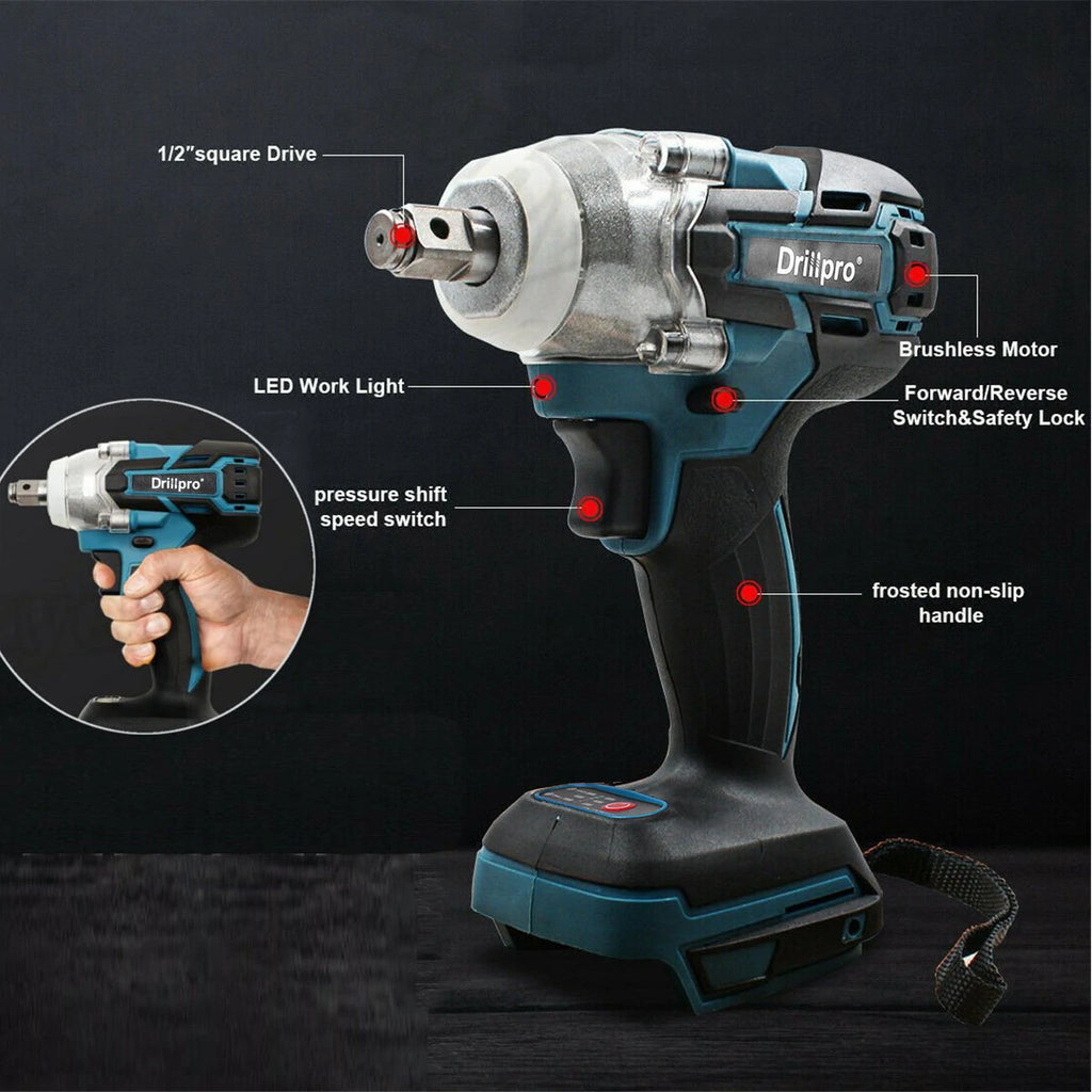 Clé à chocs sans fil Drillpro 18V 0-3200 tr/min avec moteur sans balais et lumière LED, clé électrique adaptée pour Makita DTW285Z