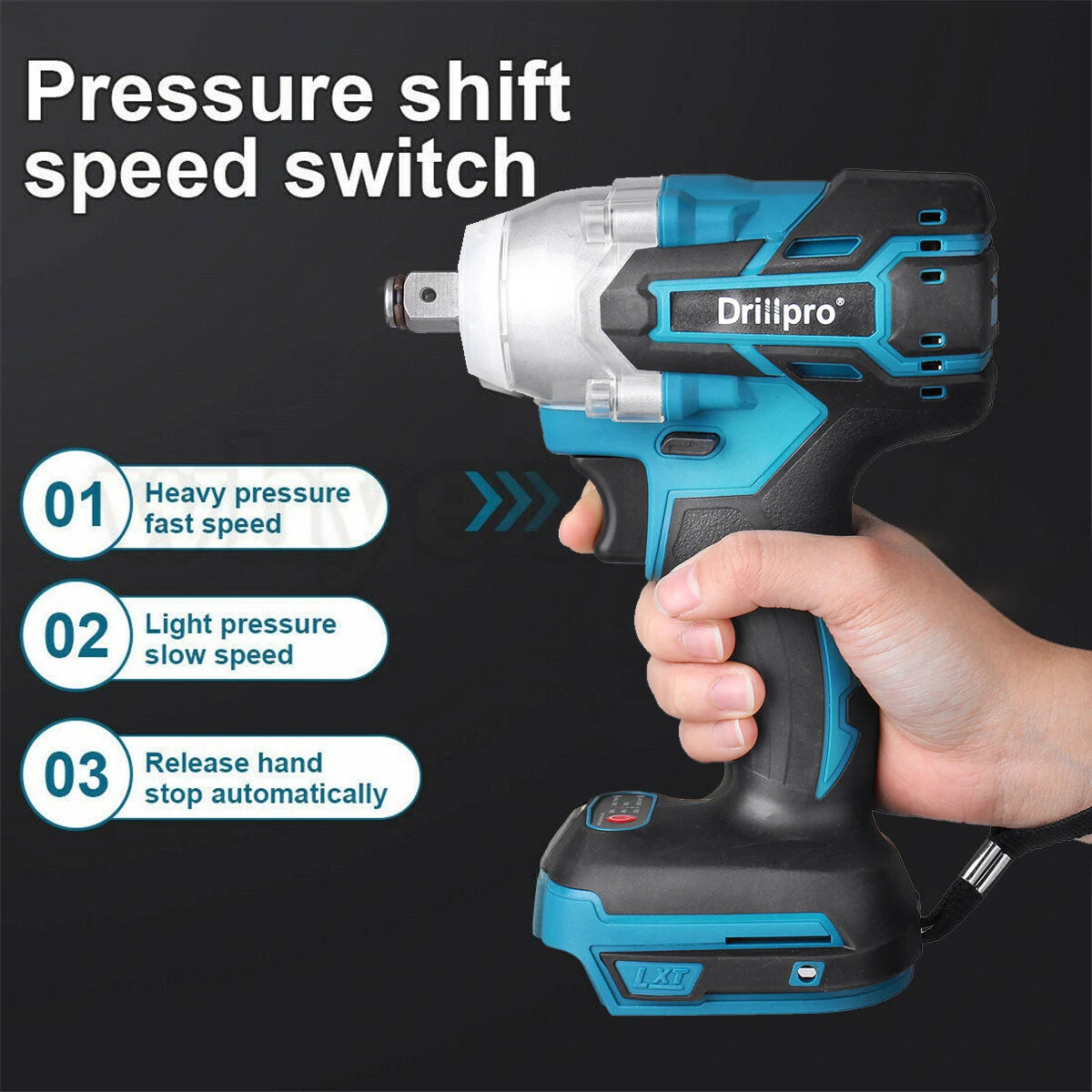Clé à chocs sans fil Drillpro 18V 0-3200 tr/min avec moteur sans balais et lumière LED, clé électrique adaptée pour Makita DTW285Z